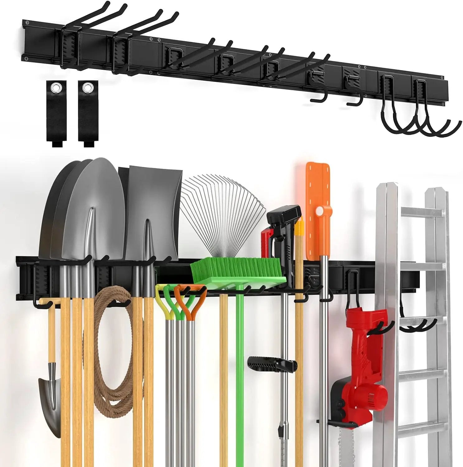Wall Mount Tool Storage Rack, 15 PCS Heavy Duty Steel Yard Garden Tool Organizer, Garage Tool Organizer Wall Mounted Storage System Hold Up to 550lbs, with 2 Extension Cord by GreenHaven Gardens