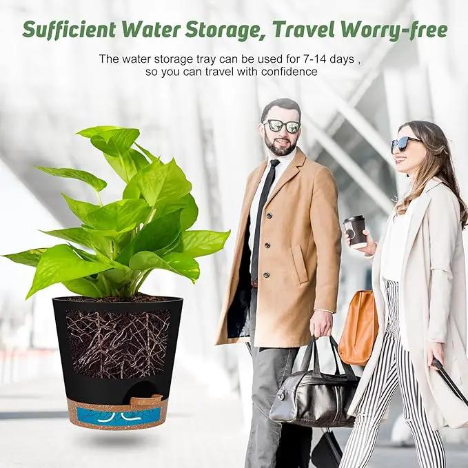 Indoor Self Watering Planters with Drainage Holes and Saucers, 8, 7, 6.5, 6, 5.5, 5 Inches, Black, 6 Pots by GreenHaven Gardens