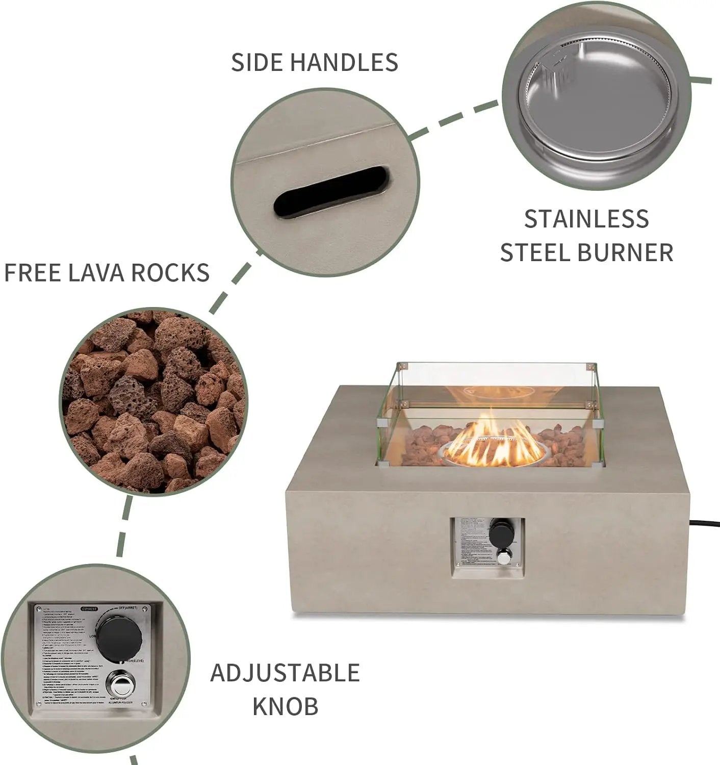 COSIEST 35-inch Square Outdoor Sandstone Propane Fire Pit w Wind Guard and Side Table, CSA Certified, 50,000 BTU Stainless Steel Burner, Free Lava Rocks and Rain Cover, Metal Lid(Gray) by GreenHaven Gardens