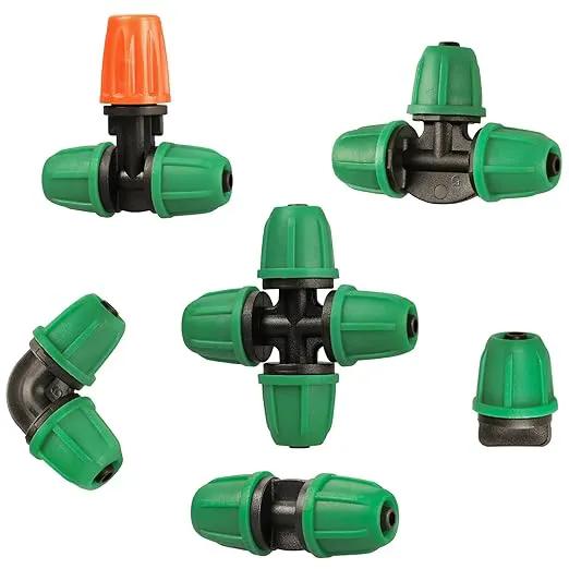 Drip Irrigation Fittings Kit for 1/4" Tubing, 65 Pcs Drip Line Lock Barbed Connectors for Drip Systems - 18 Couplings, 15 Tees, 12 End Caps,1 0 Elbows, 5 Cross Connectors, 5 Misters Nozzles by GreenHaven Gardens