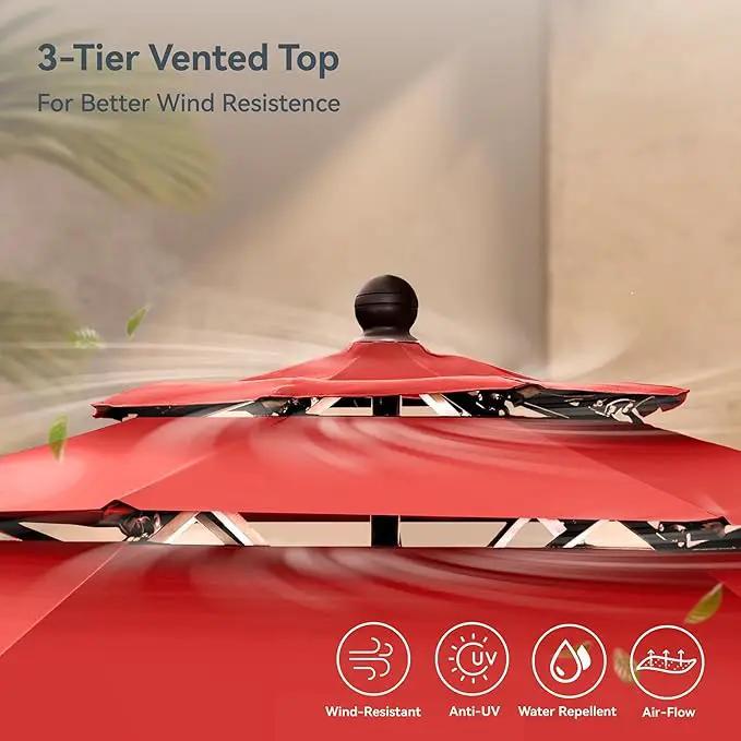 PHI VILLA 10ft Patio Umbrella Outdoor 3 Tier Vented Market Table Umbrella with 1.5" Umbrella Pole and 8 Sturdy Ribs, (Orange Red)（No Base） by GreenHaven Gardens