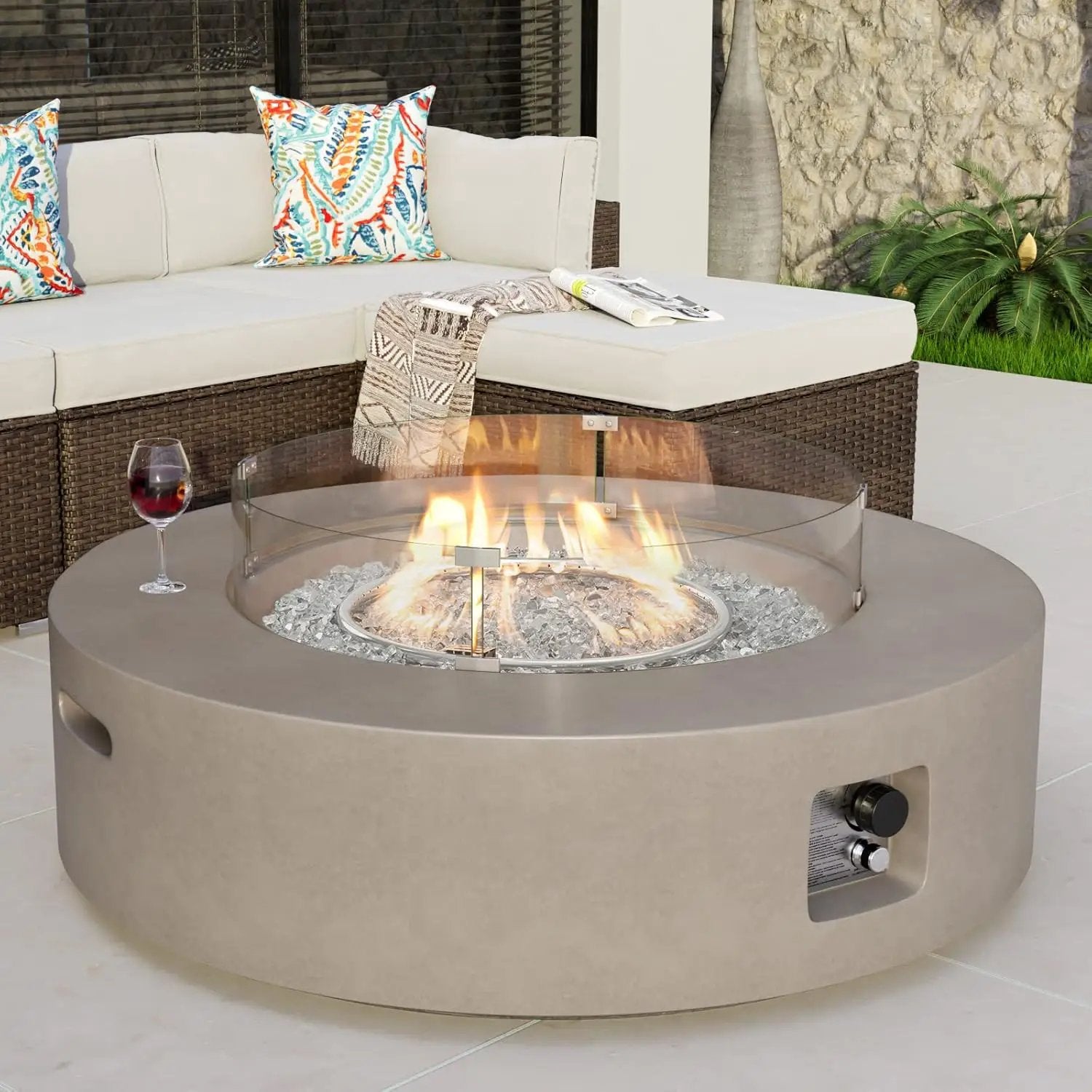 COSIEST Outdoor Propane Fire Pit Coffee Table w Gray 42 inch Round Base Patio Heater, CSA Certified, 50,000 BTU Stainless Steel Burner, Wind Guard, Transparent Gray Fire Glass, Rain Cover by GreenHaven Gardens