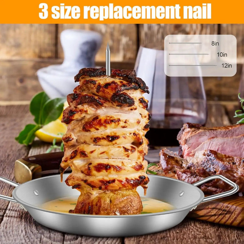 Vertical Skewer Pan, BBQ Skewer for Al Pastor, Stainless Steel Vertical Spit Stand with 3 Removable Spikes (8" / 10" / 12") for Oven Grill Use, for Shawarma Kebabs Tacos Barbecue Dishes by GreenHaven Gardens