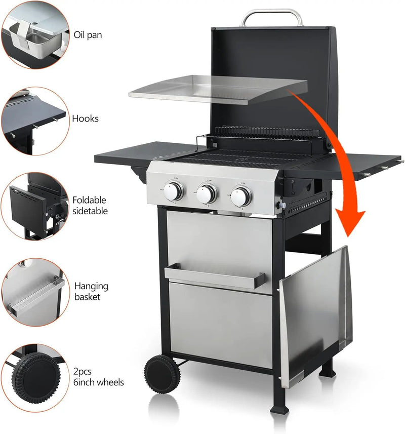 3-Burner Propane Gas BBQ Grill with SS Plancha, 36,900 BTU Output, Wire Enamel Grids, Foldable Side Table and Hanging Basket, Stainless Steel Grill for Patio Use by GreenHaven Gardens