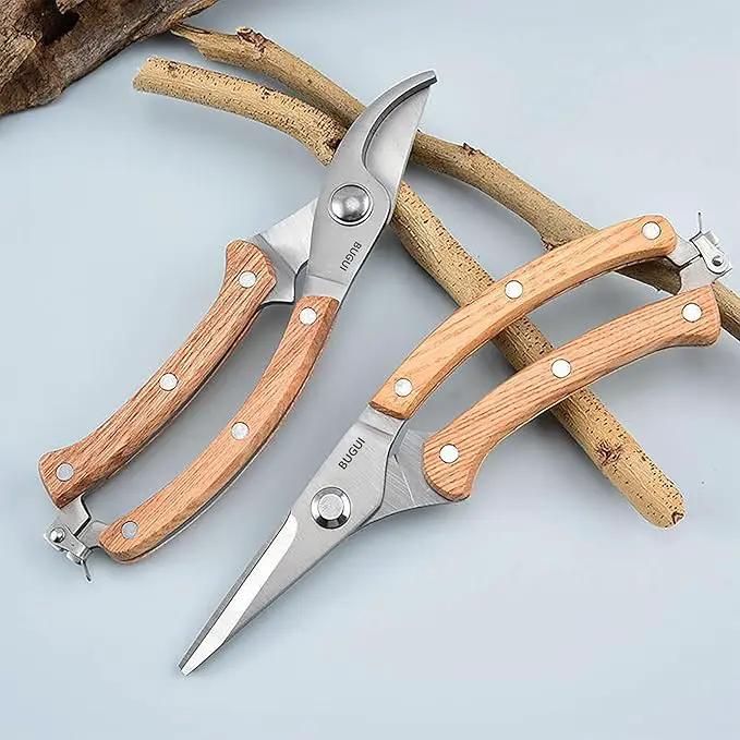 BUGUI Wood Handle Garden Shears, Long Straight Tip, All Steel Construction, Sharp, Well Designed Garden Scissors, 8" by GreenHaven Gardens