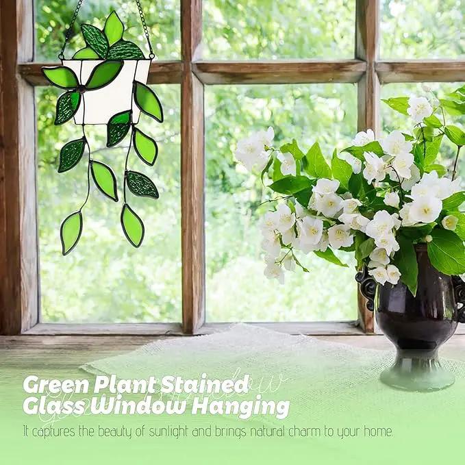 Stained Glass Window Hanging Green Plant Window Suncatcher Handcrafted Green Faux Plant Window Wall Glass Panel Decor for Plant Lovers,Unique Home Indoor&Outdoor Decor by GreenHaven Gardens
