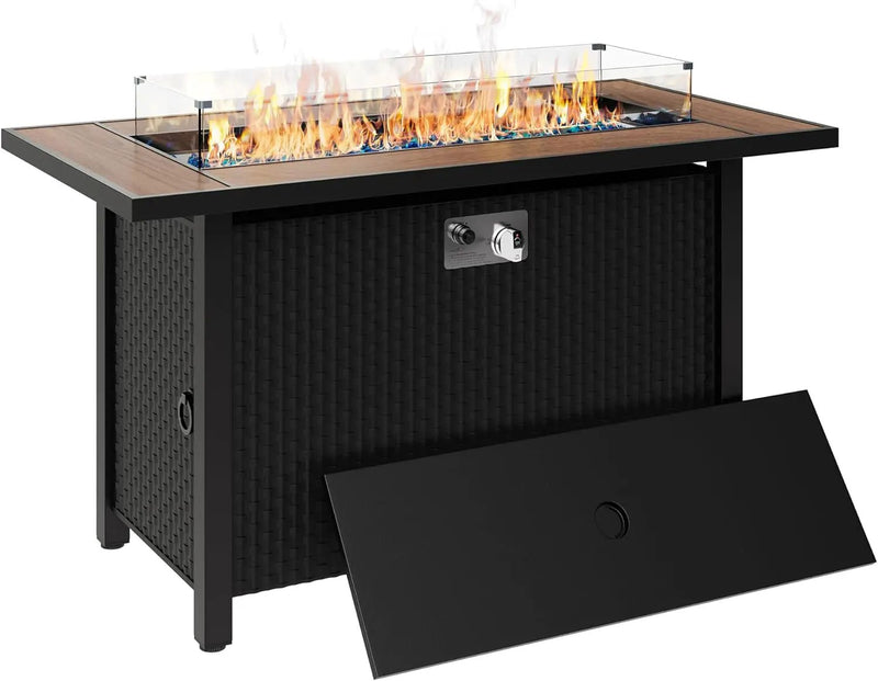 45 inch Outdoor Propane Fire Pit 50,000 BTU Gas Fire Pit Table with Walnut Tabletop, Glass Wind Guard, Waterproof Cover, Rectangle Gas Firepit Table for Garden/Patio,CSA Certification by GreenHaven Gardens
