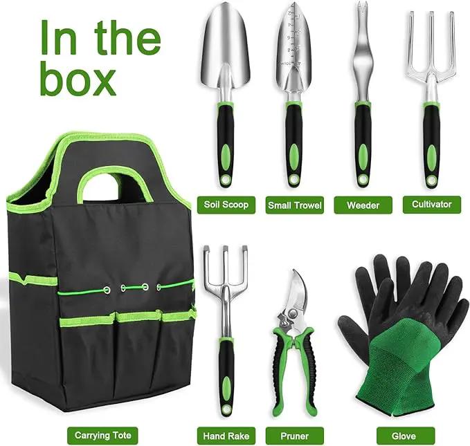 Garden Tool Set with Non Slip Rubber Grip,8 Piece Stainless Steel Gardening Tool Sets,Heavy Duty Outdoor Hand Tools Durable Storage Tote Bag,Uprooting Weeding Tool, Gifts for Women Men Green by GreenHaven Gardens