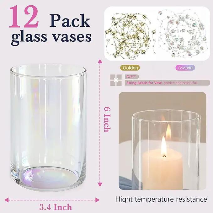 12pc Glass Cylinder Bud Vases for Centerpieces,6 inch Tall Irised Crystal Clear Flower Vases in Bulk,Hurricane Glass Candle Holders for Table Centerpiece Formal Dinners Home Decor by GreenHaven Gardens