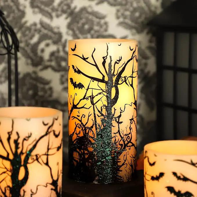 Halloween Decor Flameless Candles Set of 3 Black Spooky Bats Decal Flickering Candles Battery Operated with Remote Real Wax LED Pillar Candles for Halloween Party Horrible Theme Decor by GreenHaven Gardens