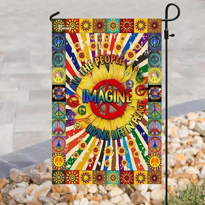 FLAGWIX Flags - Imagine All The People Living Life In Peace Hippie Sunflower Flag DDH1826F, House Flag (29.5" x 39.5") - USA House Garden Flags Premium Polyester - Decorative Outdoor Flags by GreenHaven Gardens