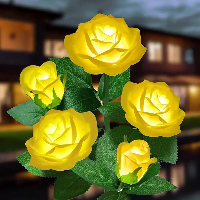Solar Flower Lights Outdoor - Upgraded New Material Two Modes Realistic LED Solar Powered Waterproof Lights with 5 Roses, Solar Decorative Stake Lights for Garden (Yellow, 1 Pack) by GreenHaven Gardens