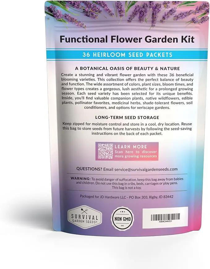 Survival Garden Seeds Functional Flower Garden Kit | 36 Pack Seed Starter Collection | Bee, Butterfly, Hummingbird, Pollinator-Friendly Blooms | Non-GMO Heirloom Beneficial Flowers & Wildflowers by GreenHaven Gardens