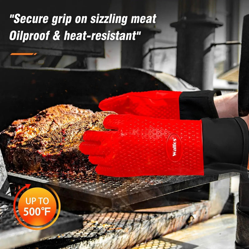 Walfos Silicone BBQ Gloves - Heat Resistant Grilling Gloves Set with Pork Shredder Claws & Brush, Non-Slip Kitchen Silicone Oven Mitt with Protective Cotton Layer, Suit for Indoor & Outdoor, Red by GreenHaven Gardens