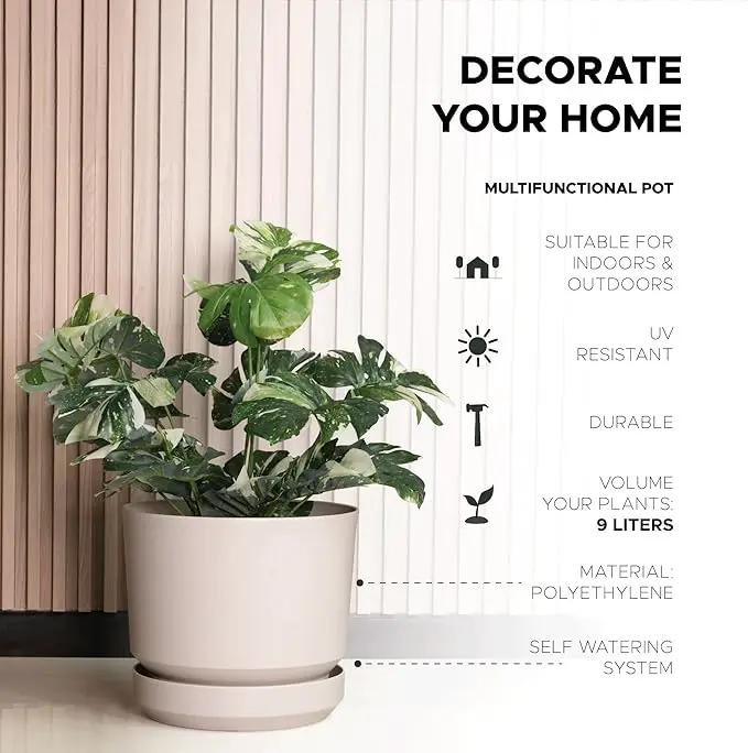 Elly Décor 10 inch Plastic Cylinder Planter Pot with Self-Watering Saucer and Drainage Hole,Lightweight & Extremely Durable, 10"x 10", Ivory by GreenHaven Gardens