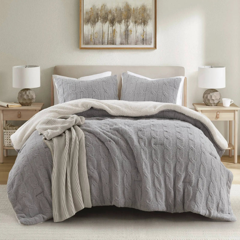 3 Pieces Full/Queen Cable Knit Chenille Comforter Set Gray by HouseOfZazla