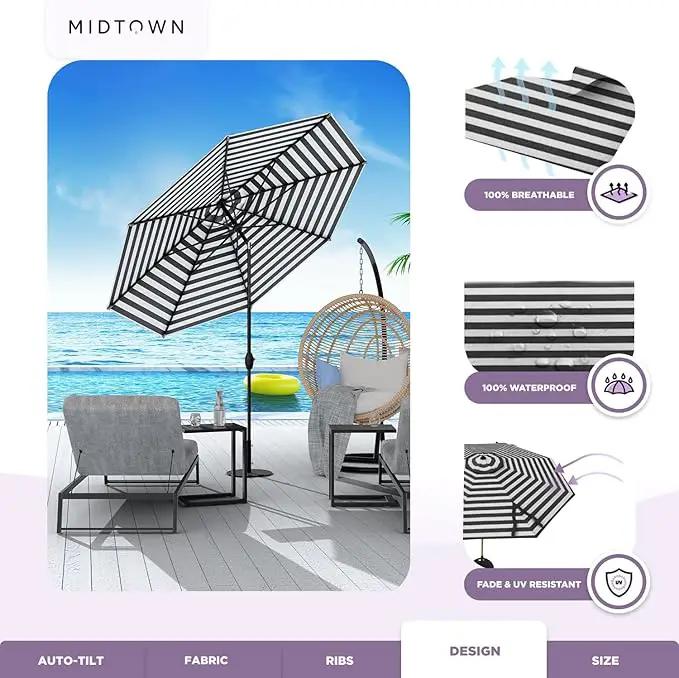 Midtown Umbrellas 10-Year-No-Fade - 9 Ft - UV Proof Zebra Stripes Polyester Fabric - Umbrella Outdoor Patio, Auto-Tilt Aluminum Frame Patio Umbrella for Garden, Pool & Deck - Black Pole by GreenHaven Gardens
