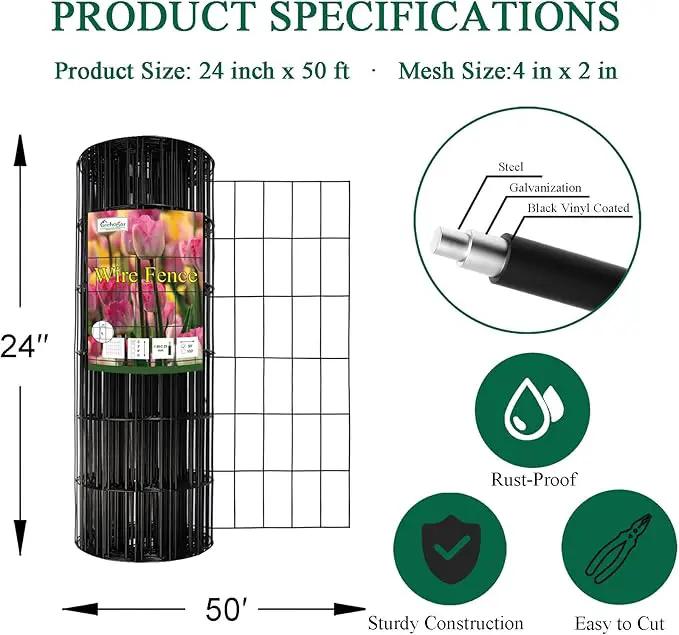 Black PVC Coated Welded Wire Fence 24 Inch x 50 Foot, 2 Inch x 4 Inch 14GA, Garden Border Fencing Roll Vinyl Coated Wire Mesh for Yard Vegetable Plant Protection Poultry Netting by GreenHaven Gardens