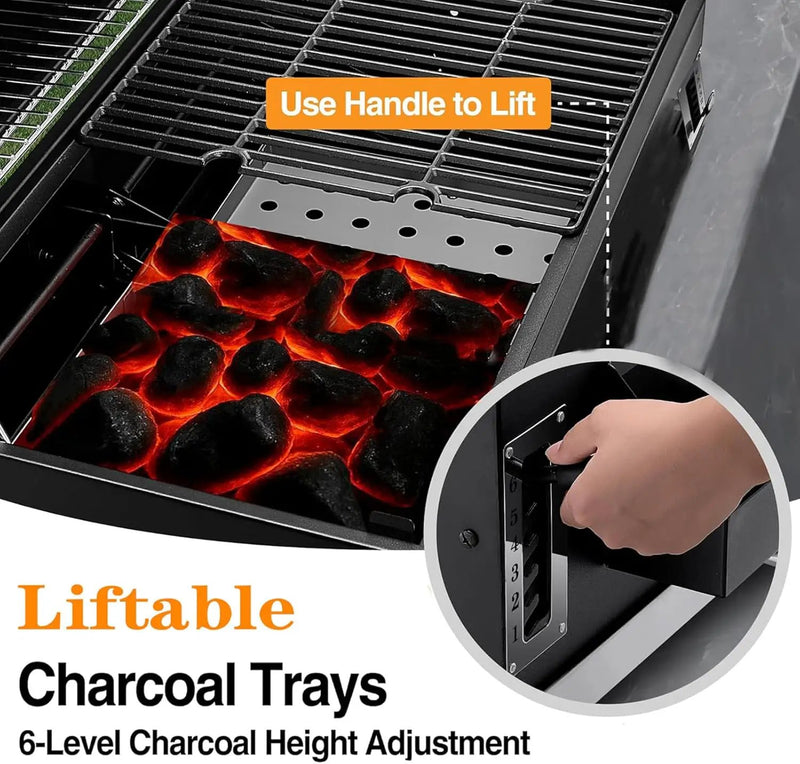 29 In Large Charcoal bbq Grills, built-in barbecue grill with Liftable Tray, Insulated Hood & Temp Gauge, black Stainless Steel Charcoal BBQ barrel Grill for Outdoor Kitchen Camping park style by GreenHaven Gardens