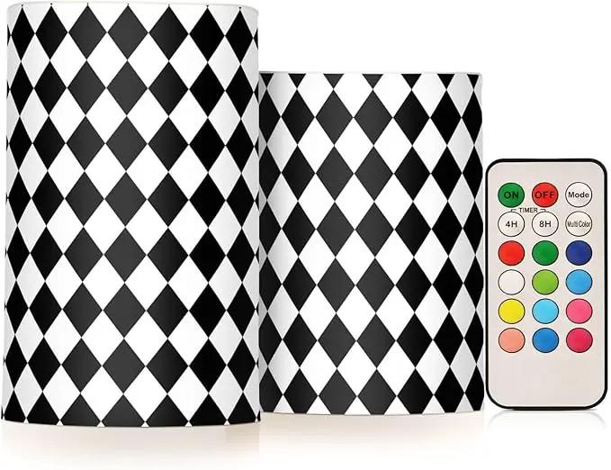 Flickering Flameless Candles, Black White Rhombuses Checkered LED Candles with Remote Timer, Set of 2 Battery Operated Candle for Valentine Wedding Birthday by GreenHaven Gardens