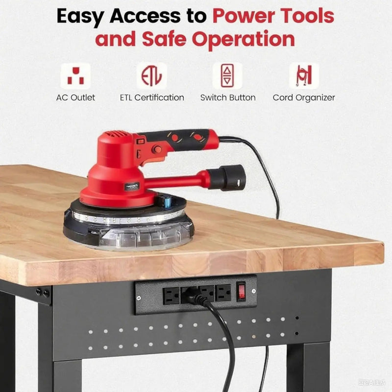 Workbench with Wheels 60 x 22 Heavy Duty Rubberwood Tabletop Work Bench Adjustable Height Garage Work Table with Under Table Shelf, Sided Pegboard, Power Outlets for Home Office by GreenHaven Gardens