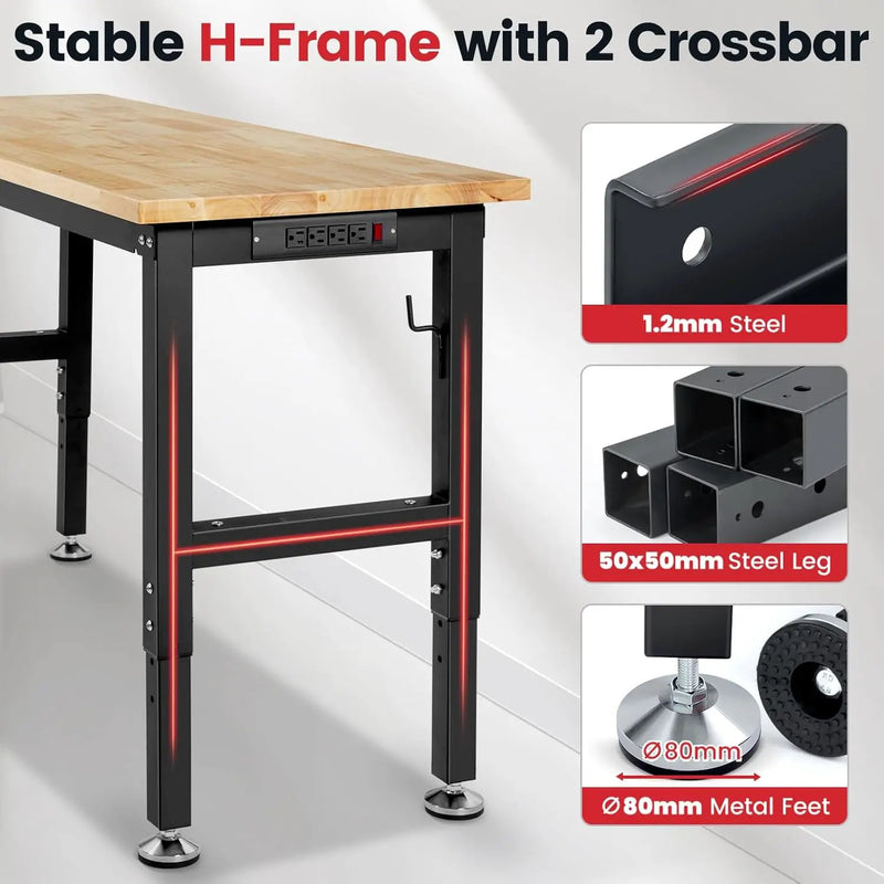 60 Inch Workbench for Garage Adjustable Height Work Bench with Pegboard Power Outlets Rubber Wood Tabletop Work Table for Cutting Wood Woodworking Shop Home Office Electronic by GreenHaven Gardens