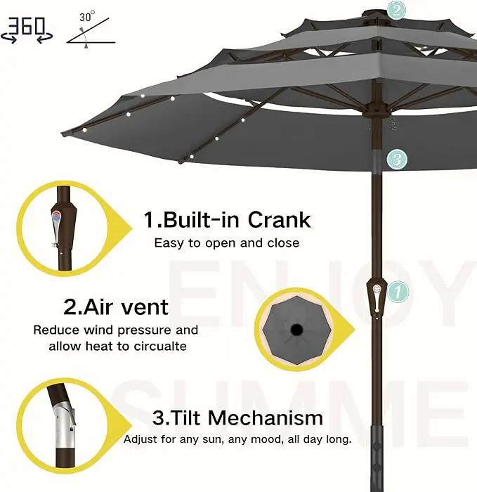 Kingdura 10ft 3-Tier Patio Umbrella with Solar Lights, Table Umbrella Outdoor Patio with Easy Crank & Tilt, 8 Sturdy Ribs, UV Protection, 32 LED Lights for Deck, Poolside, Market (Grey) by GreenHaven Gardens