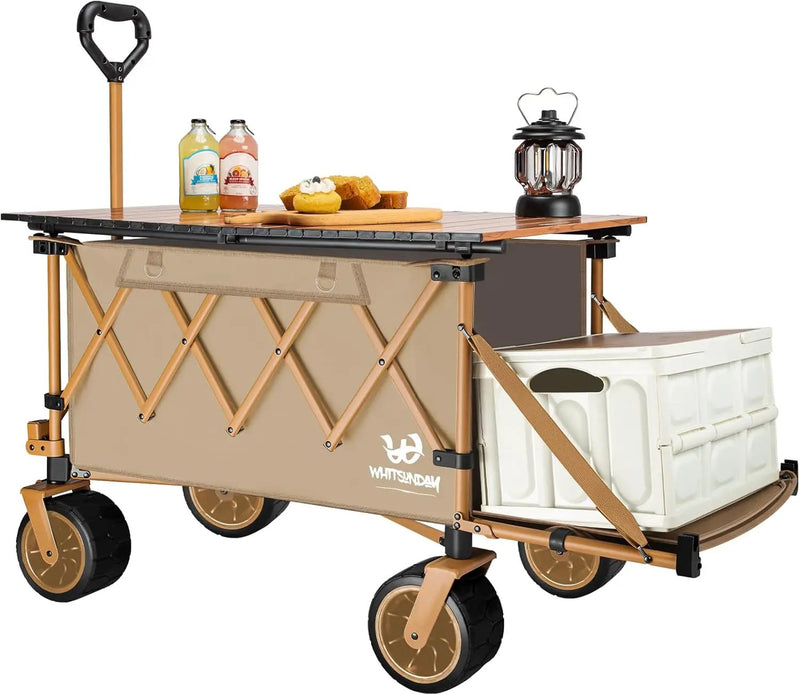 Whitsunday Collapsible Folding Wagon with Table,Heavy Duty Utility Beach Wagons with Opened Tailgate and All-Terrain Wheels for Camping,Garden,Sports Khaki by GreenHaven Gardens