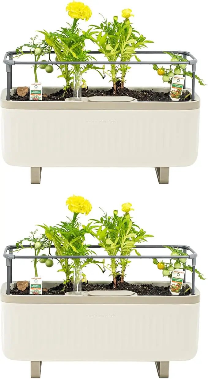 Vego Garden 2 Pack Herb Indoor Planter Box, Self Watering Pots with Trellis for Kitchen Window Sill or Countertop Plants Cage - Cream White by GreenHaven Gardens