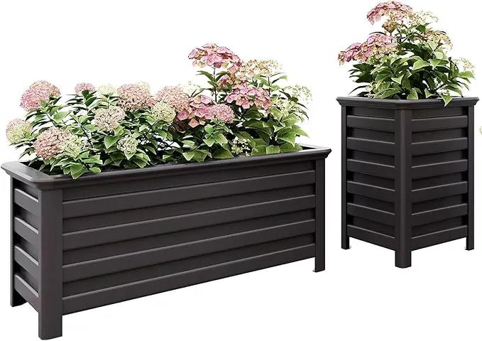 Aluminum Outdoor Planter - 19.68" Tall Planter Box for Patio Porch Indoor or Outdoor Durable Weather-Resistant Large Planters for Flowers with Drainage Hole, Dark Brown, 19.68"D x 19.68"W x 27.56"H by GreenHaven Gardens