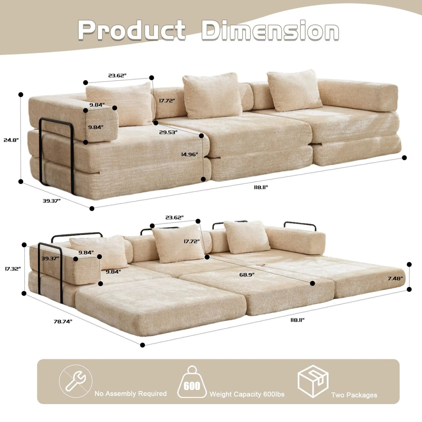 Convertible Floor Sofa Bed, Boneless Modular Sectional Sofa For Living Room by Unique Piece Furniture