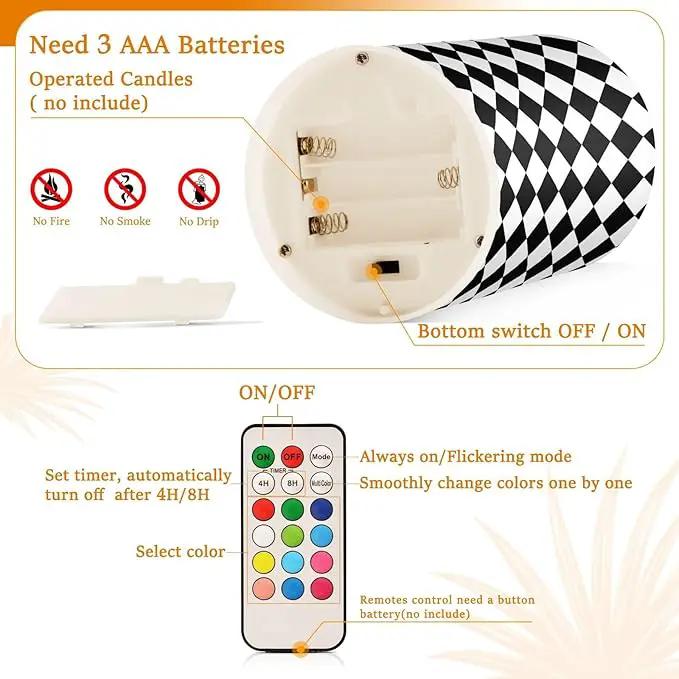 Flickering Flameless Candles, Black White Rhombuses Checkered LED Candles with Remote Timer, Set of 2 Battery Operated Candle for Valentine Wedding Birthday by GreenHaven Gardens