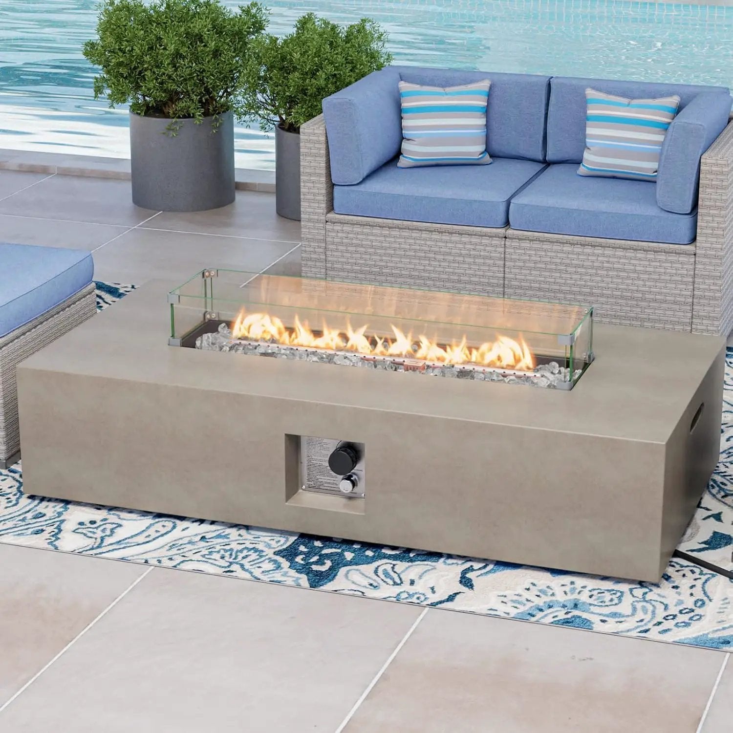 COSIEST Outdoor Propane Fire Pit Table, 56-inch x 28-inch Rectangle Gray Concrete-Like Finish, CSA Certified, 50,000 BTU Stainless Steel Burner w Transparent Gray Fire Glass, Wind Guard, Raincover by GreenHaven Gardens