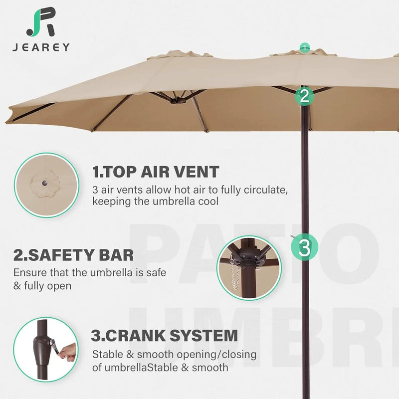 JEAREY 15FT Patio Umbrella Large Outdoor Umbrella Extra Double-Sided Market Umbrella with Crank Handle for Garden, Deck, Backyard and Pool, Beige by GreenHaven Gardens