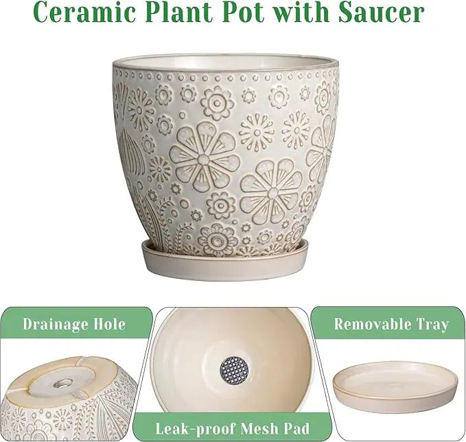 6 Inch Plant Pot with Drainage Hole and Saucer Ceramic Planter for Indoor Plant Flower Pot for Orchid Succulents Plants White by GreenHaven Gardens