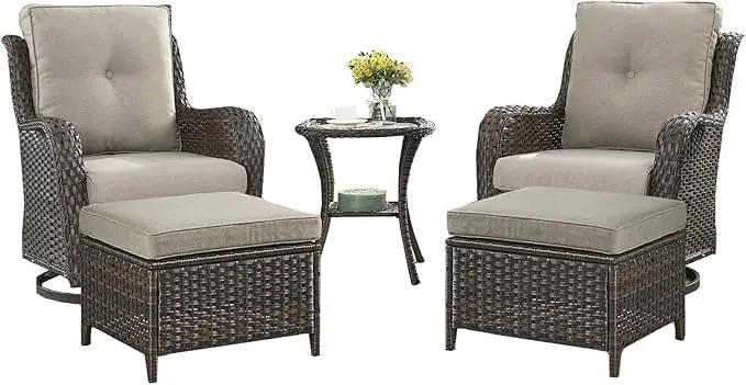 Outdoor Wicker Patio Furniture Set - 5 Pieces Rattan Patio Conversation Set with 2 Rocking Swivel Chairs,2 Ottomans and 1 Side Table for Porch Deck Backyard Garden(Brown/Grey) by GreenHaven Gardens