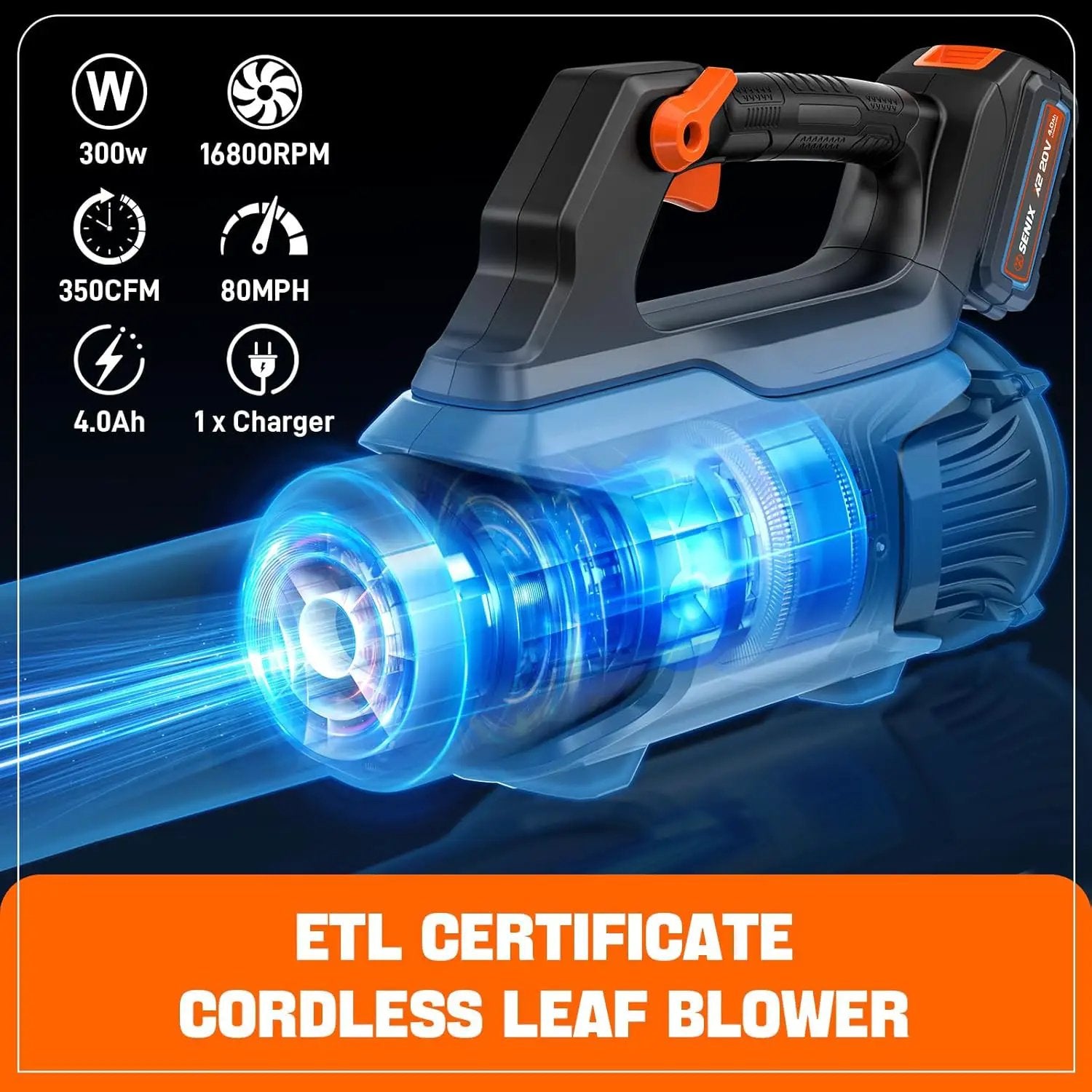 SENIX 20V Max Leaf Blower, Cordless, Brushless, Handheld, Up to 350 CFM and 80 MPH, 2 Speed Mode, Cruise Control, Lightweight, 4.0 Ah Battery and Charger Included (BLAX2-M) by GreenHaven Gardens