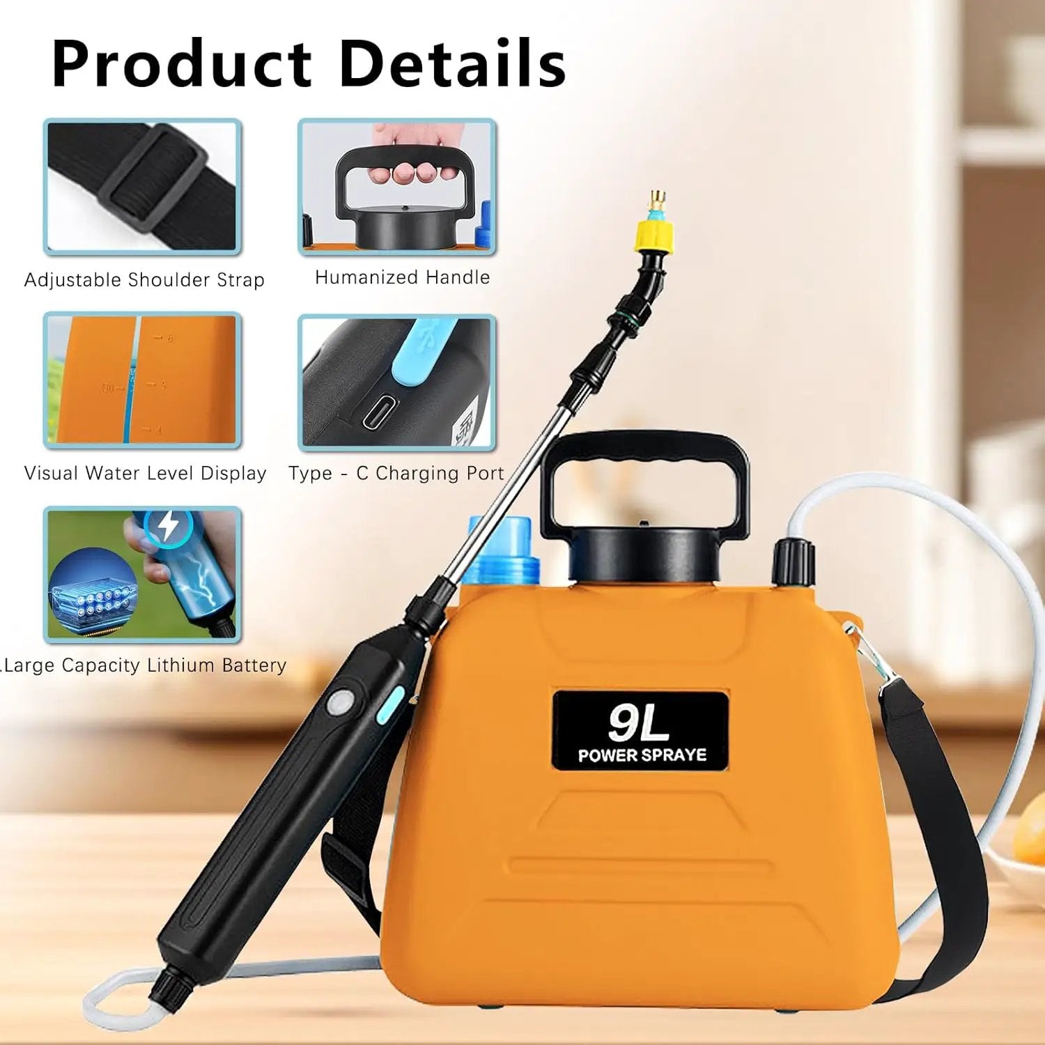 2.4 Gallon Battery Powered Sprayer, Electric Battery Operated Sprayer, Weed Power Sprayers in Lawn and Garden with Adjustable Shoulder Strap and Rechargeable Handle, 3 Mist Nozzles (Orange) by GreenHaven Gardens