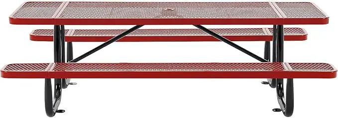 Global Industrial 8’L Rectangular Picnic Table, Expanded Metal, Red Thermoplastic Coating, Attached Benches, 1-1/2” Umbrella Pole Hole, Outdoor-Rated, 1000 lb Capacity, 96” x 30” Tabletop by GreenHaven Gardens