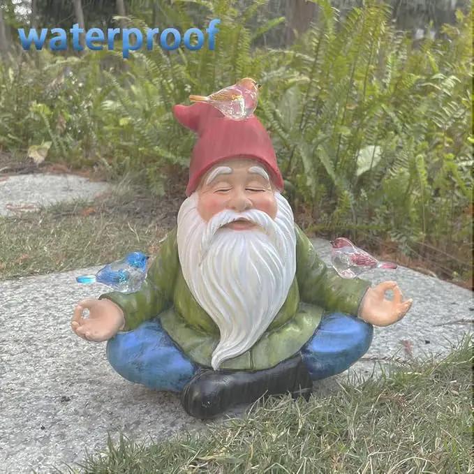 Solar Powered Gnome with Red Hat and 3 Birds Decorated Solar Light, Garden Decorations Statues, Garden Light Decor for Lawn Ornaments, Resin Garden Figurines (Gnome with 3 Birds) by GreenHaven Gardens