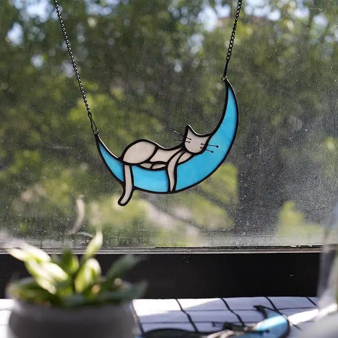 BOXCASA Sleeping Cat Stained Glass Windown Hanging,Grey Cat on Moon Beautiful Handcrafted Sun Catcher Gifts for Daughter,Mothers Day,Christmas and Cat Lover by GreenHaven Gardens