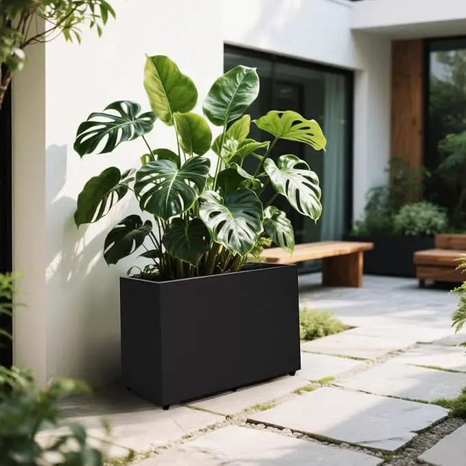 Planter Box Rectangular Block - 24×16×12IN Galvanized Steel Metal Long Box Planter Easy Installation Modern Outdoor Tall Planters All-Weather Use with Drainage Holes for Patio/Porch(Black) by GreenHaven Gardens