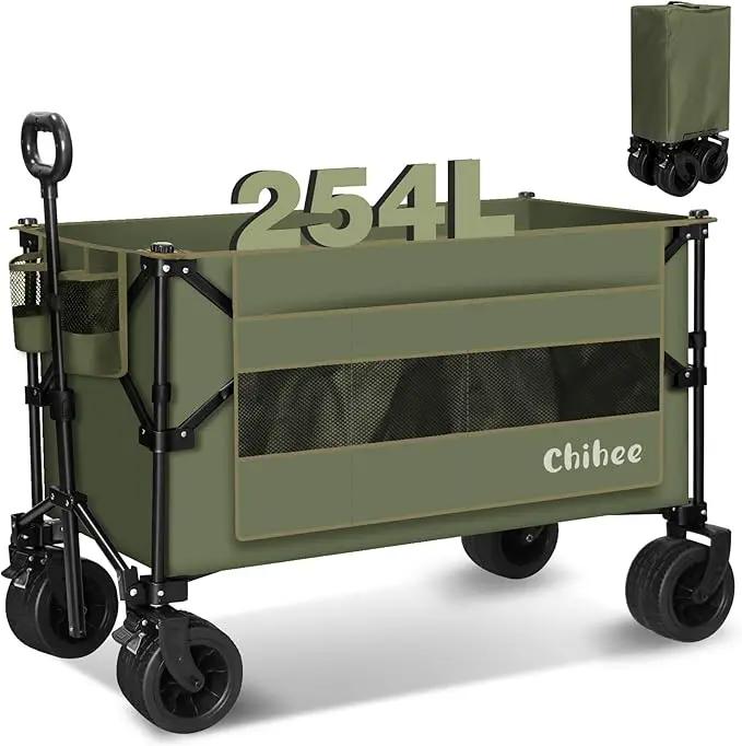 Chihee Garden Cart Collapsible Outdoor Utility Wagon Cart,Folding Beach Cart Oversized Capacity 254L,Heavy Duty Portable Wagon All Terrain Wheels Oversized Side Pocket 2 Drink Holders for Camping by GreenHaven Gardens
