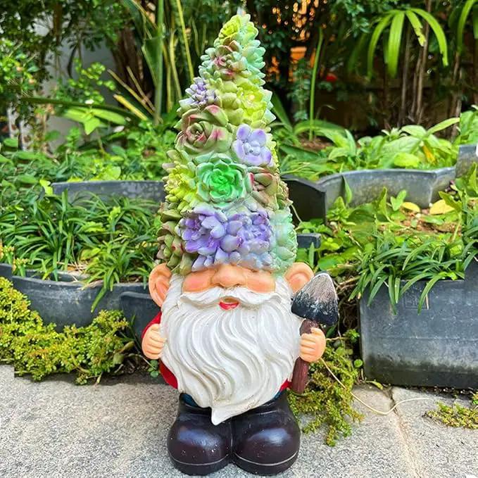 Solar Powered Gnome with Flower Hat and Shovel, Decorated Solar Light, Garden Decorations Statues, Garden Light Decor by GreenHaven Gardens