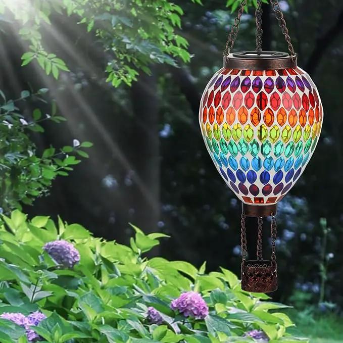 VOREEN Hot Air Balloon Solar Lantern, Mosaic Solar Outdoor Hanging Wind Light, Waterproof, Patio Festive Decor, Easter Gifts for Mom Father Grandma, Rainbow Pattern by GreenHaven Gardens