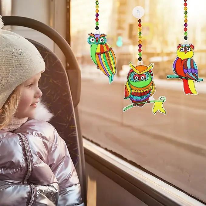 Winlyn 24 Sets Owl Suncatchers Ornaments Decorations DIY Window Paint Art Suncatchers Owl Craft Kits Sun Catchers for Kids Home Classroom Winter Holiday Season Fall Christmas Activities Party Favors by GreenHaven Gardens