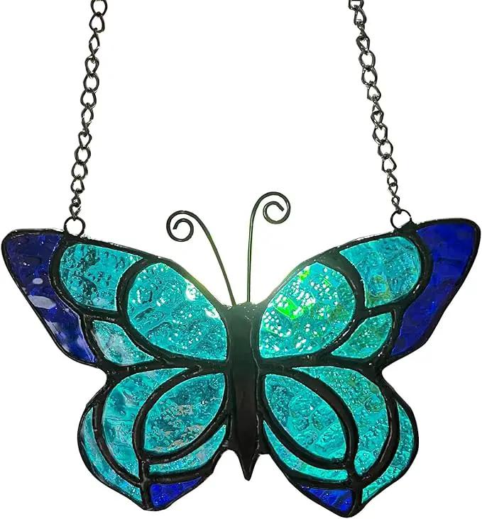 Blue Butterfly Suncatcher Stained Glass Window Hanging Panel Christmas Decor,Glass Butterfly Gift for Mom, Women 5.9×5.3Inch by GreenHaven Gardens