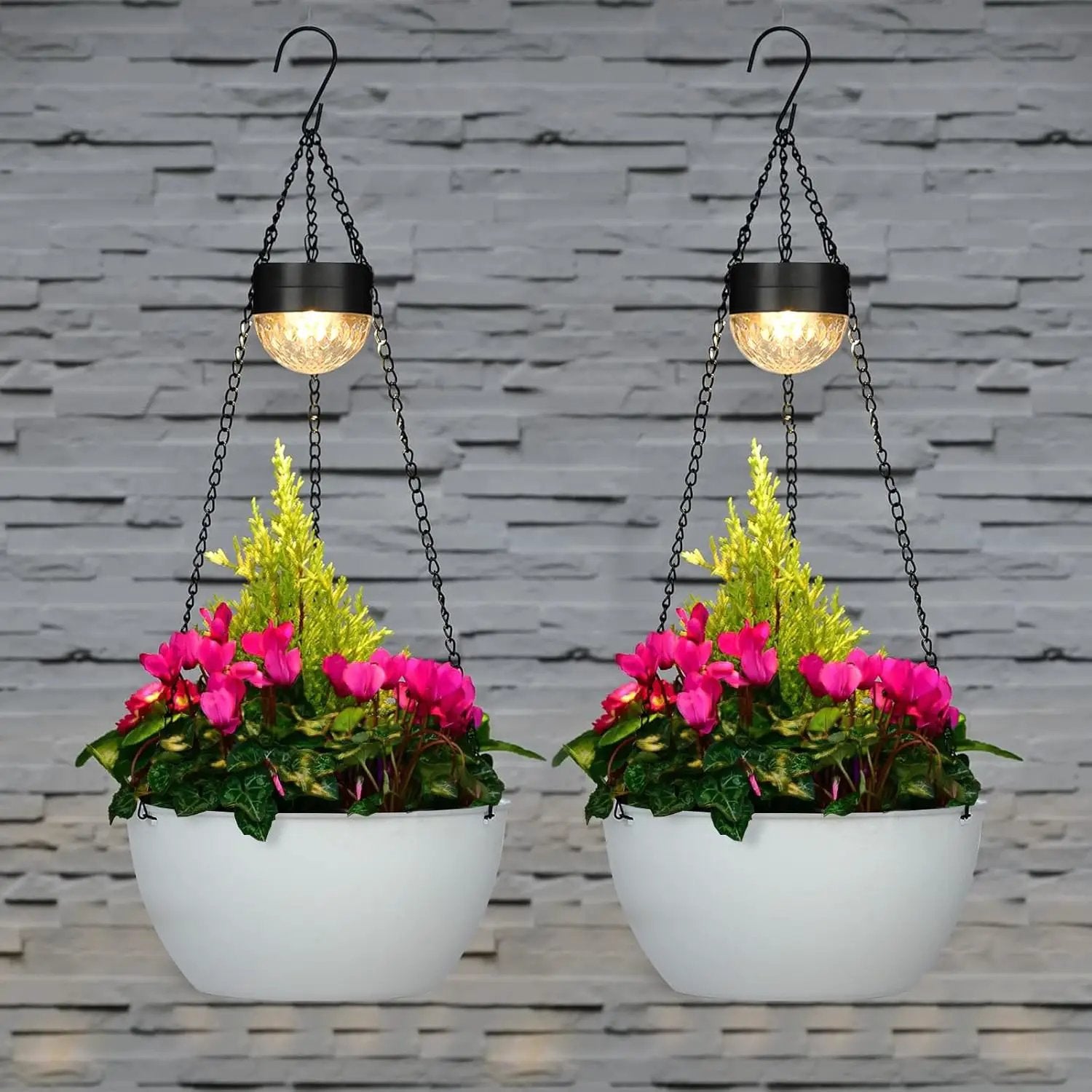 2 Packs Solar Hanging Basket Planters for Plants Outdoor, Self Watering White Flower Plants Pots with Solar Light Drainer for Balcony Patio Garden Outdoor Decoration by GreenHaven Gardens