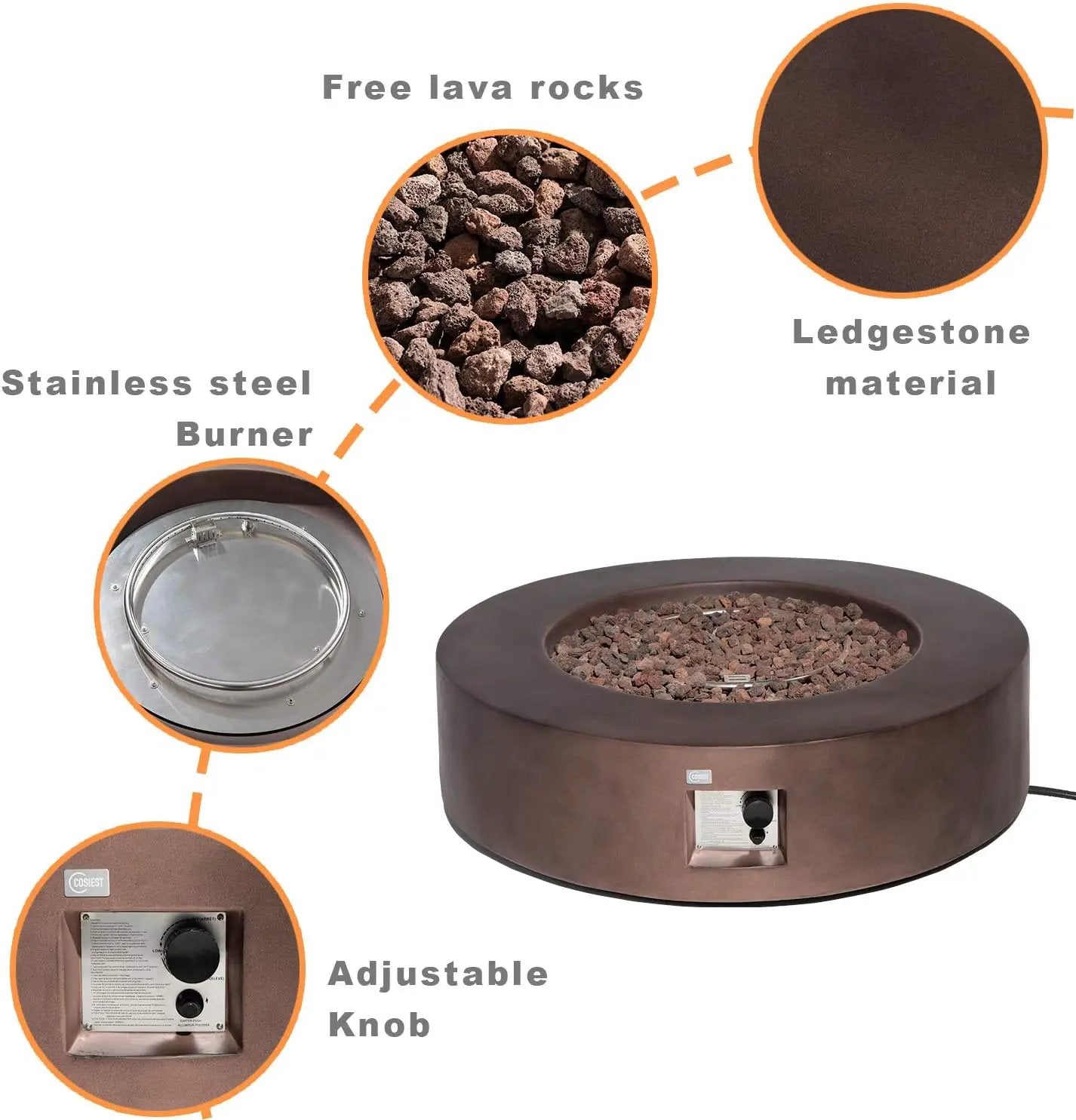 COSIEST Outdoor Propane Fire Pit Coffee Table w Dark Bronze 42 inch Round Base Patio Heater, CSA Certified, 50,000 BTU Stainless Steel Burner, Free Lava Rocks, Waterproof Cover by GreenHaven Gardens