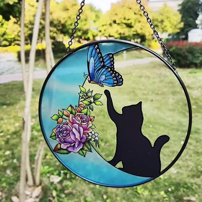 Cat Stained Glass Butterfly on Moon Gifts, Handcrafted Suncatchers Black Cat for Stained Glass Window Hangings, Cat Gifts for Cat Lovers, Painted Glass Panel Decor Funny Cat Themed Gift by GreenHaven Gardens